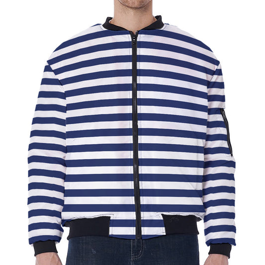 Navy And White Striped Pattern Print Zip Sleeve Bomber Jacket