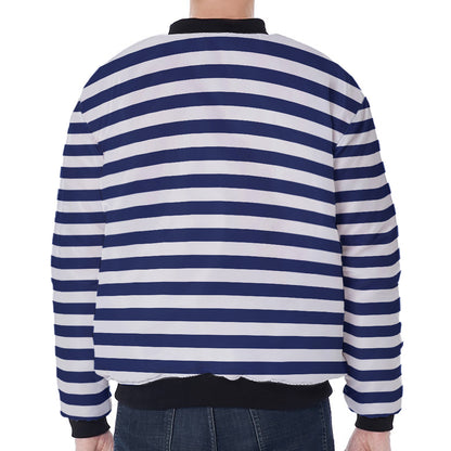 Navy And White Striped Pattern Print Zip Sleeve Bomber Jacket