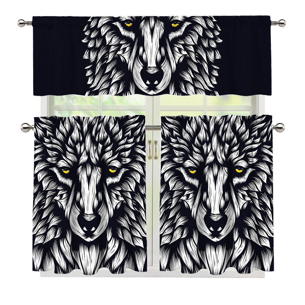 Navy And White Wolf Print 3 Piece Kitchen Curtains