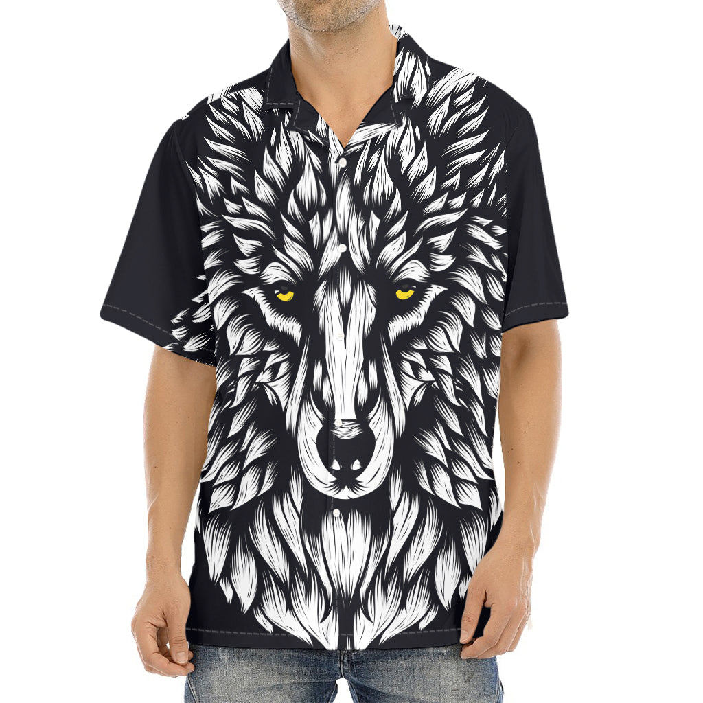 Navy And White Wolf Print Aloha Shirt