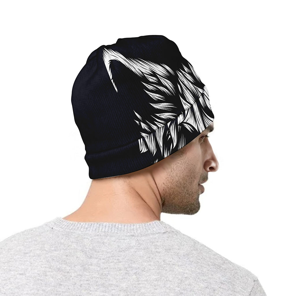 Navy And White Wolf Print Beanie