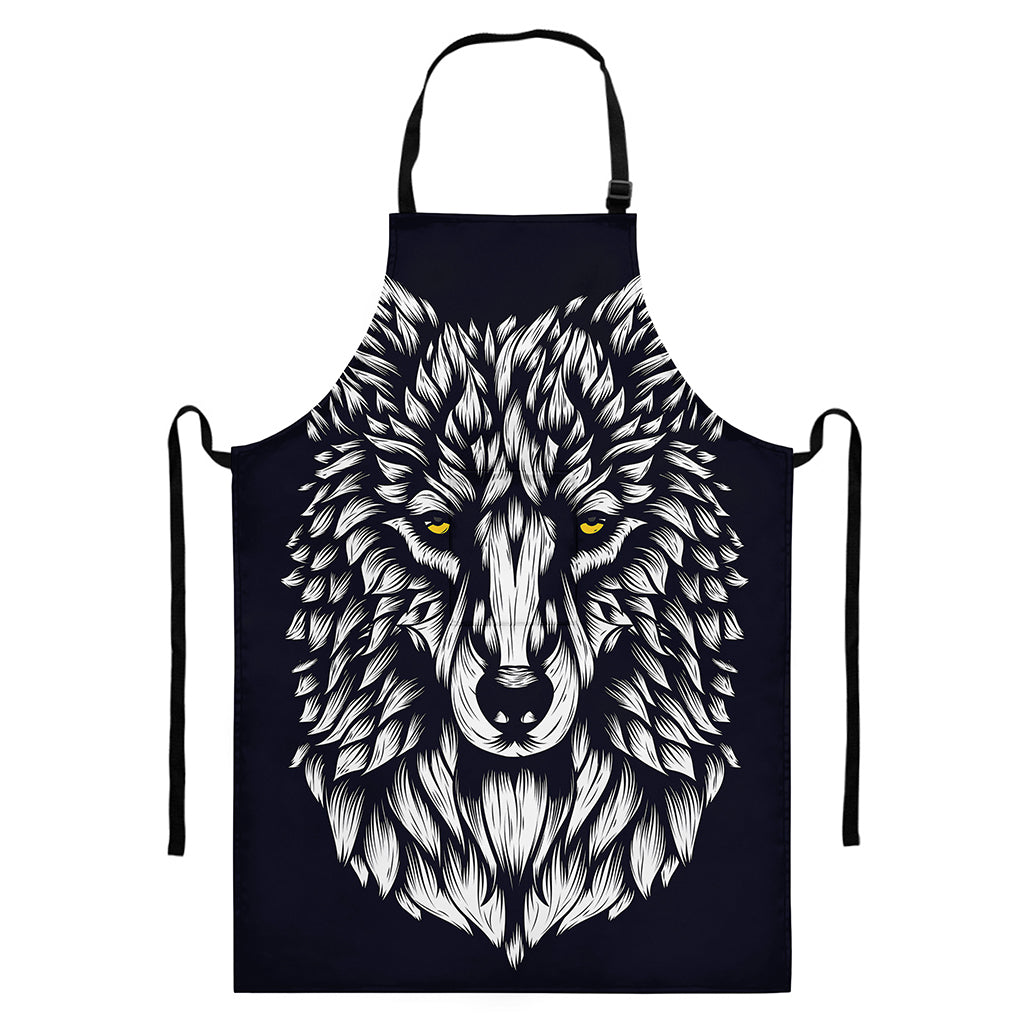 Navy And White Wolf Print Bib Apron With Pocket
