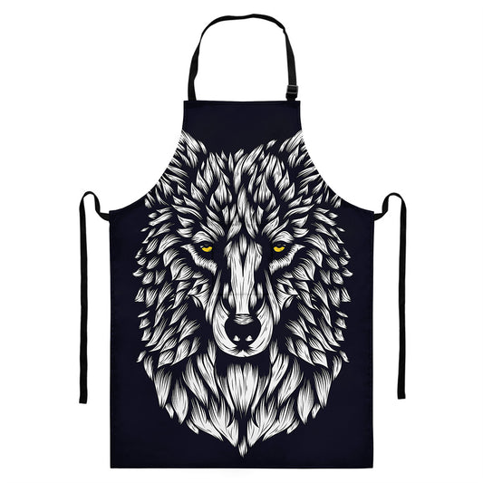 Navy And White Wolf Print Bib Apron With Pocket