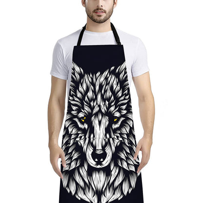 Navy And White Wolf Print Bib Apron With Pocket