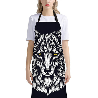 Navy And White Wolf Print Bib Apron With Pocket