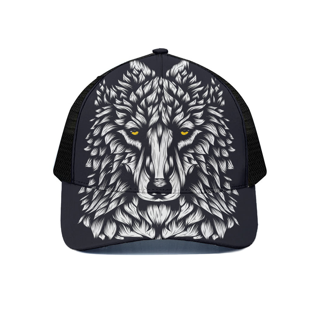 Navy And White Wolf Print Black Mesh Trucker Cap