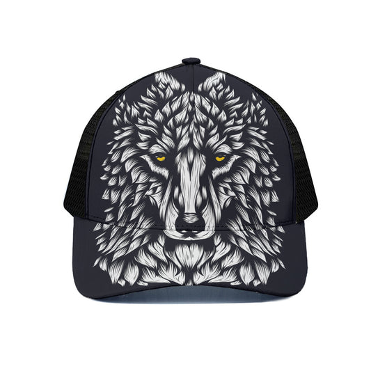 Navy And White Wolf Print Black Mesh Trucker Cap