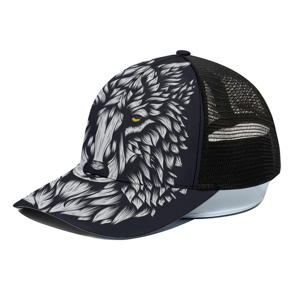 Navy And White Wolf Print Black Mesh Trucker Cap