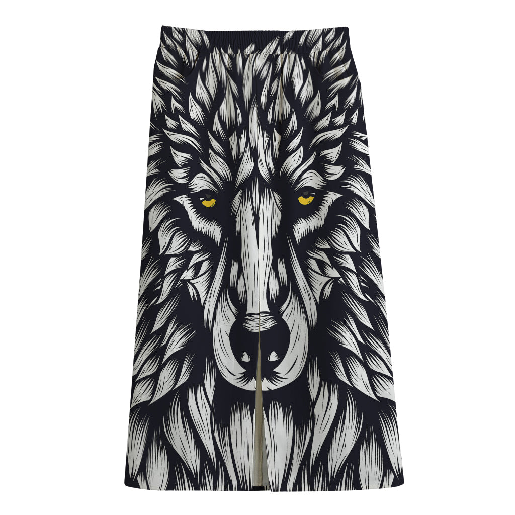 Navy And White Wolf Print Cotton Front Slit Maxi Skirt