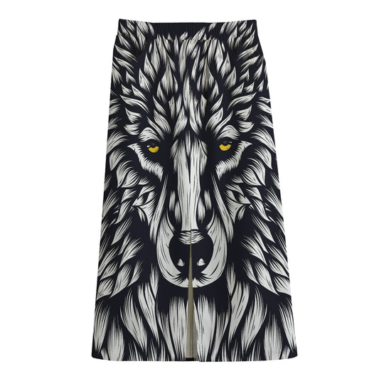 Navy And White Wolf Print Cotton Front Slit Maxi Skirt