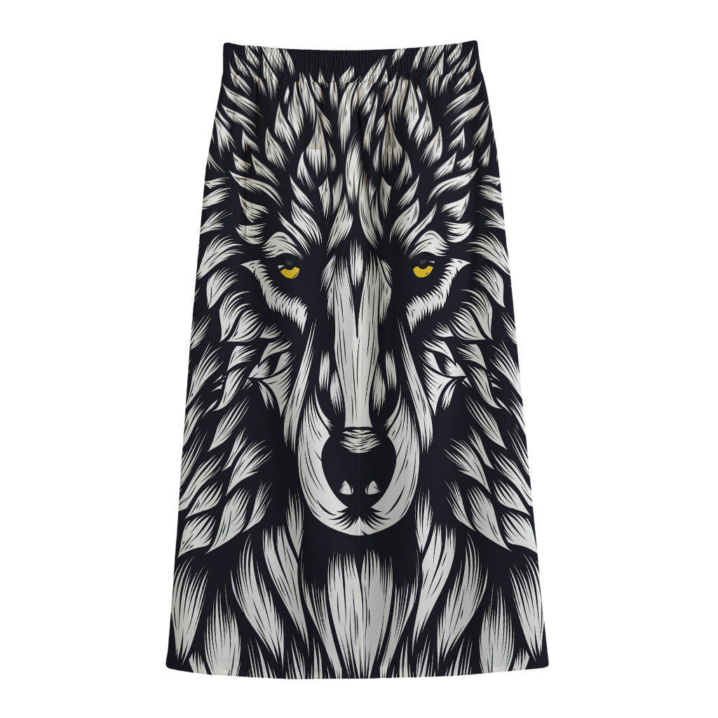 Navy And White Wolf Print Cotton Front Slit Maxi Skirt