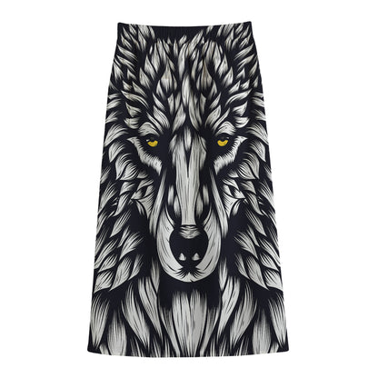 Navy And White Wolf Print Cotton Front Slit Maxi Skirt