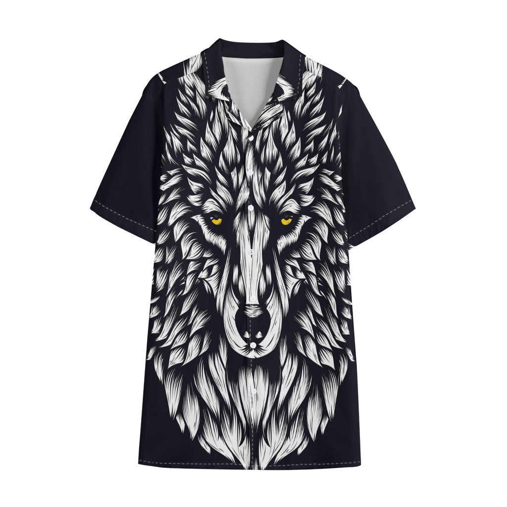 Navy And White Wolf Print Cotton Hawaiian Shirt