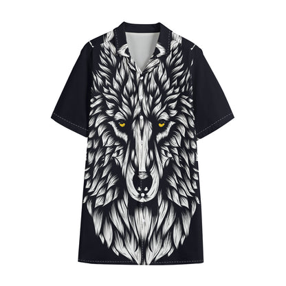 Navy And White Wolf Print Cotton Hawaiian Shirt