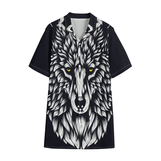 Navy And White Wolf Print Cotton Hawaiian Shirt