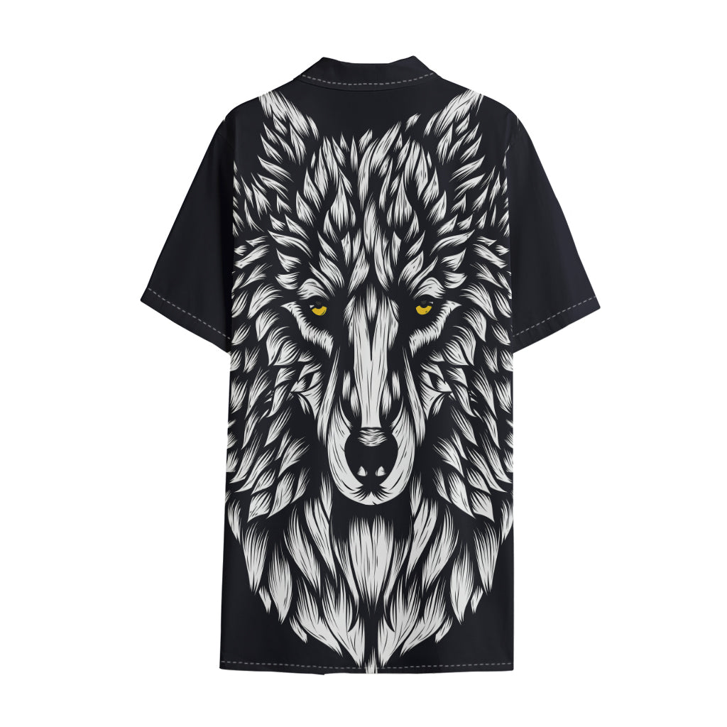 Navy And White Wolf Print Cotton Hawaiian Shirt