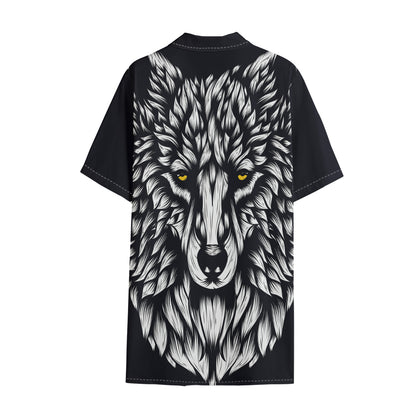 Navy And White Wolf Print Cotton Hawaiian Shirt
