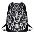 Navy And White Wolf Print Drawstring Backpack