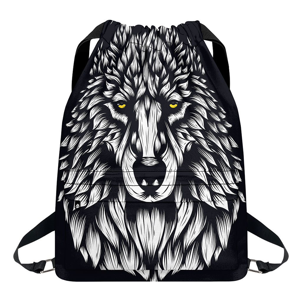 Navy And White Wolf Print Drawstring Backpack