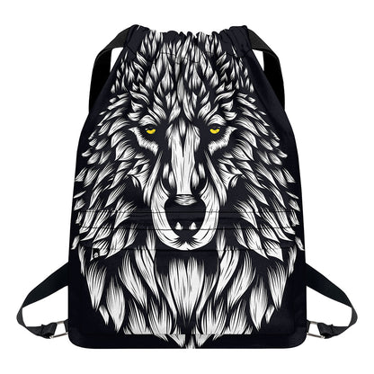 Navy And White Wolf Print Drawstring Backpack