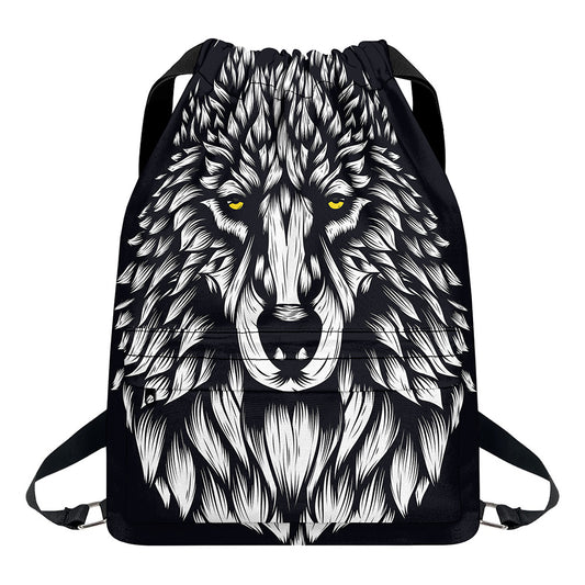 Navy And White Wolf Print Drawstring Backpack