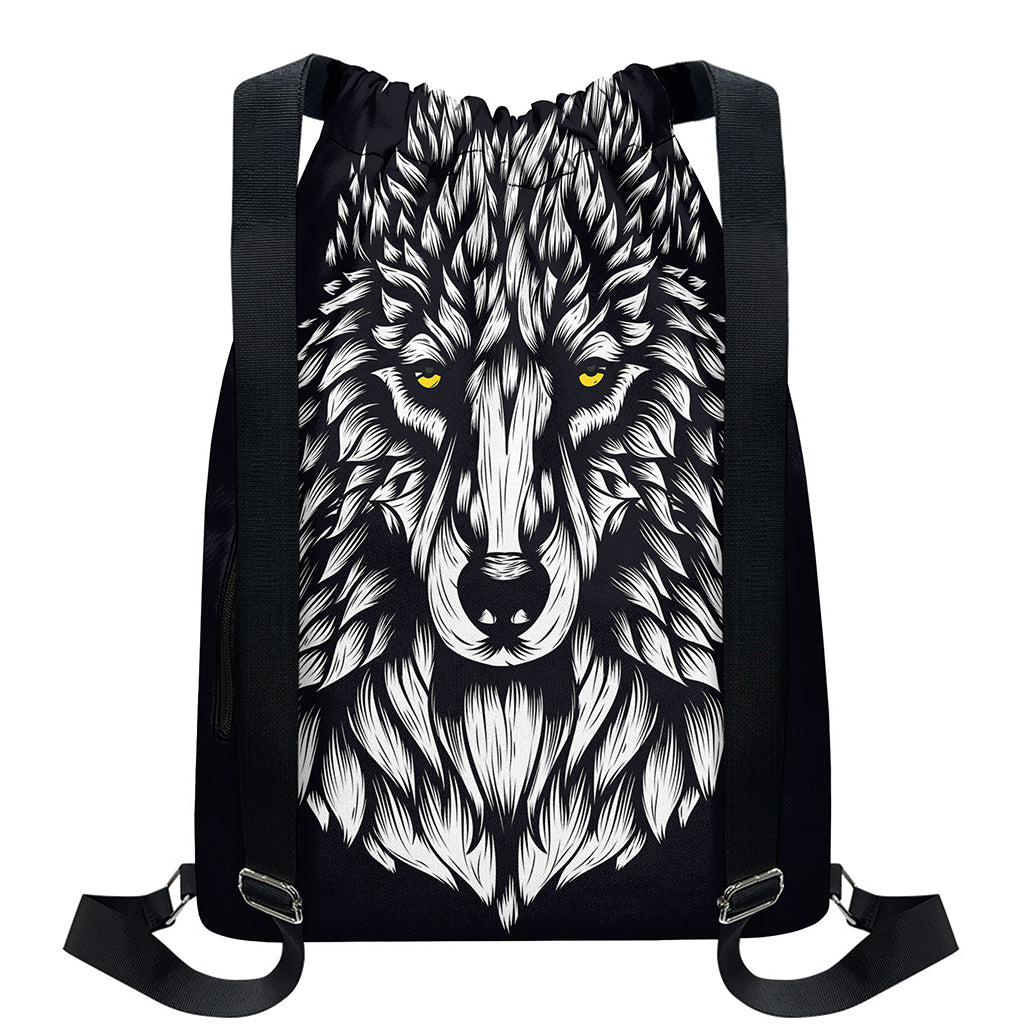 Navy And White Wolf Print Drawstring Backpack