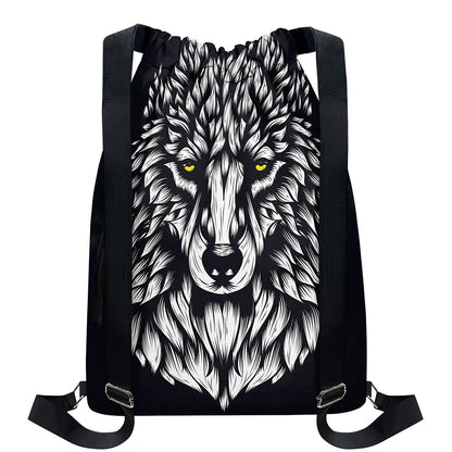 Navy And White Wolf Print Drawstring Backpack