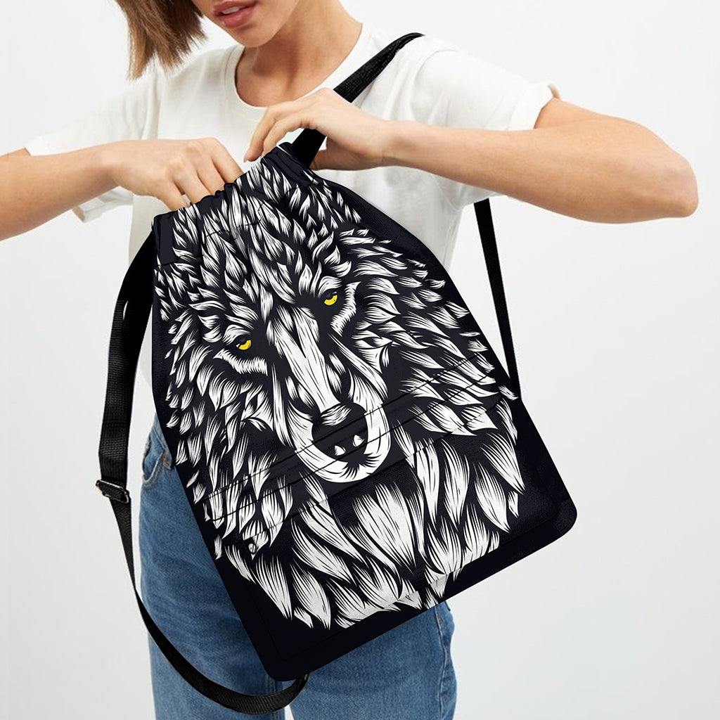 Navy And White Wolf Print Drawstring Backpack