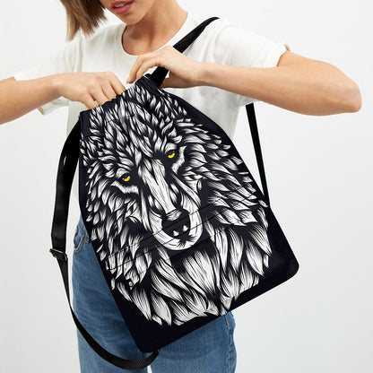 Navy And White Wolf Print Drawstring Backpack