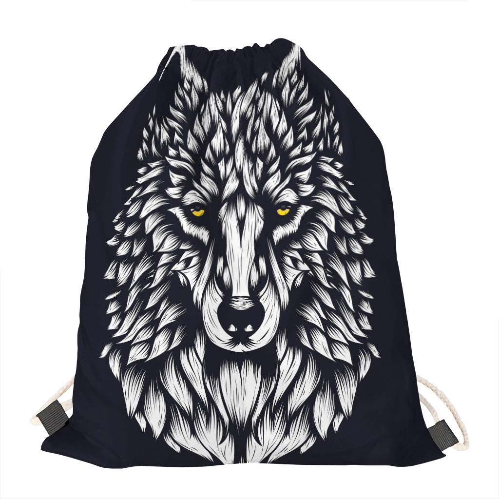 Navy And White Wolf Print Drawstring Bag