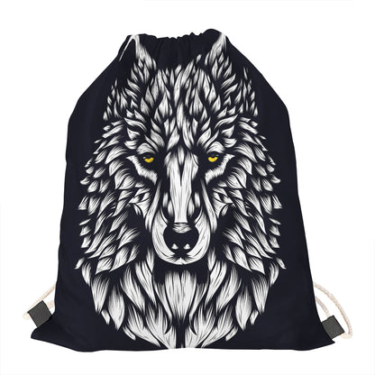 Navy And White Wolf Print Drawstring Bag