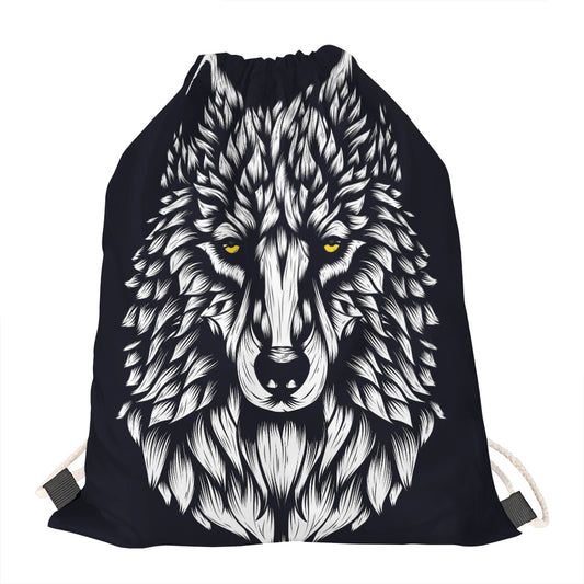 Navy And White Wolf Print Drawstring Bag