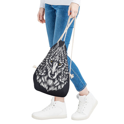 Navy And White Wolf Print Drawstring Bag