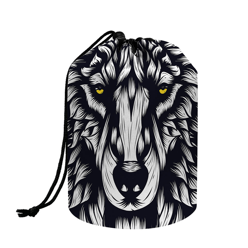Navy And White Wolf Print Drawstring Makeup Bag