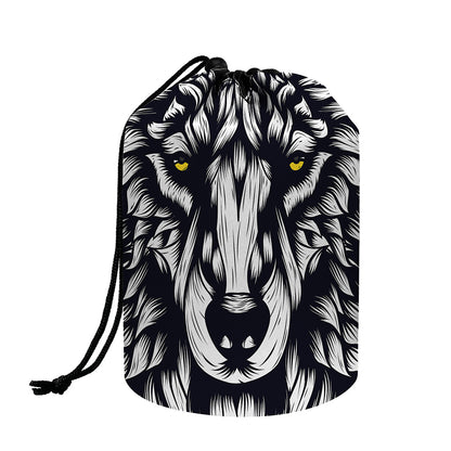 Navy And White Wolf Print Drawstring Makeup Bag