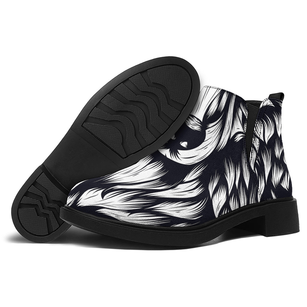 Navy And White Wolf Print Flat Ankle Boots