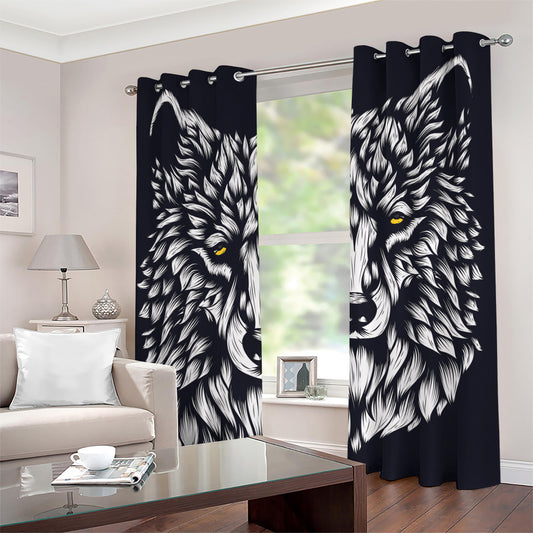 Navy And White Wolf Print Grommet Curtains