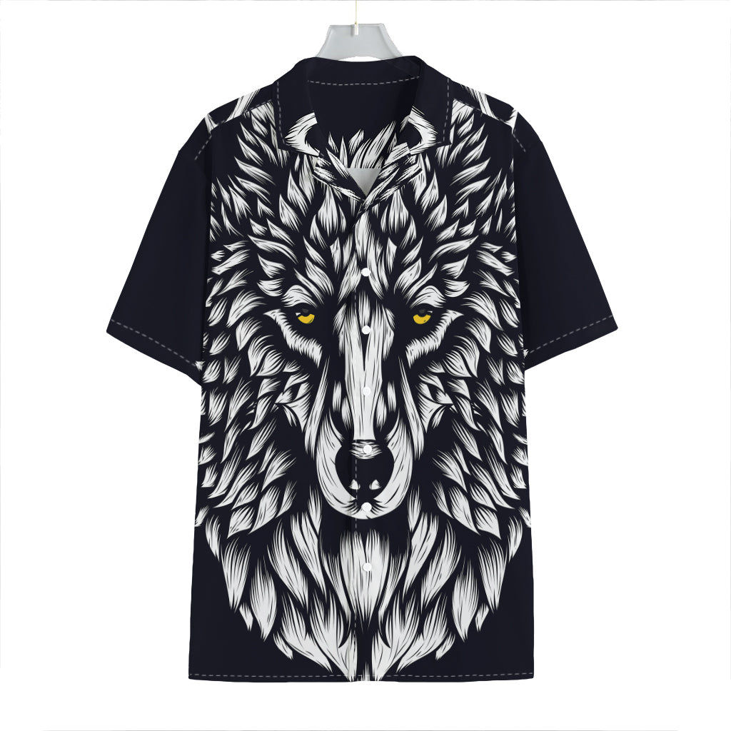 Navy And White Wolf Print Hawaiian Shirt