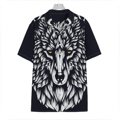 Navy And White Wolf Print Hawaiian Shirt
