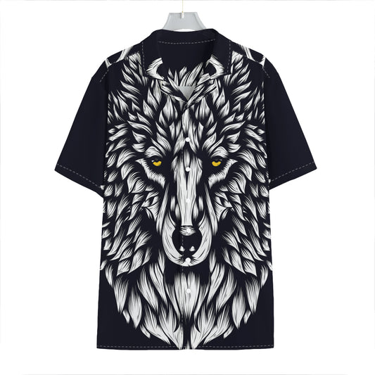 Navy And White Wolf Print Hawaiian Shirt