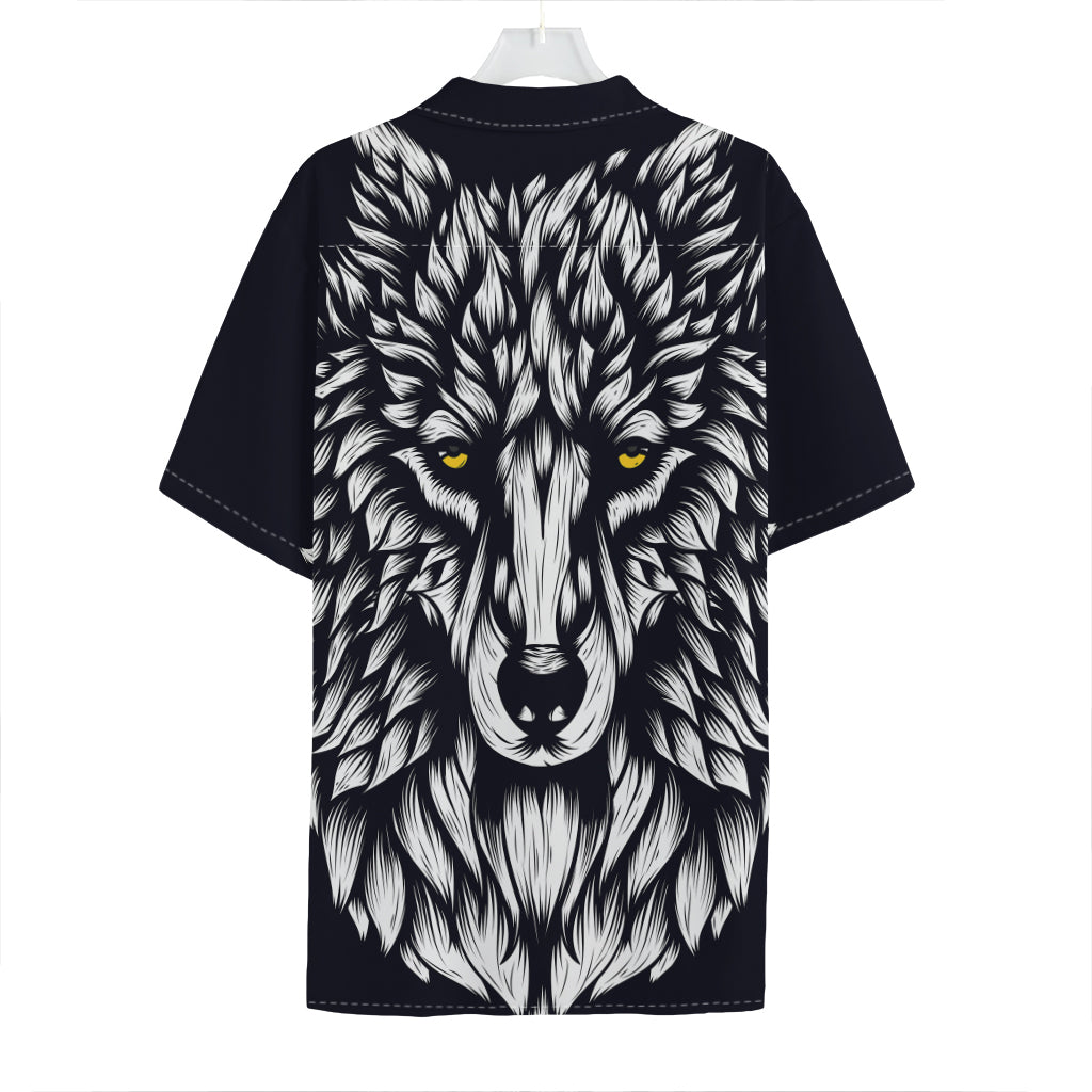 Navy And White Wolf Print Hawaiian Shirt