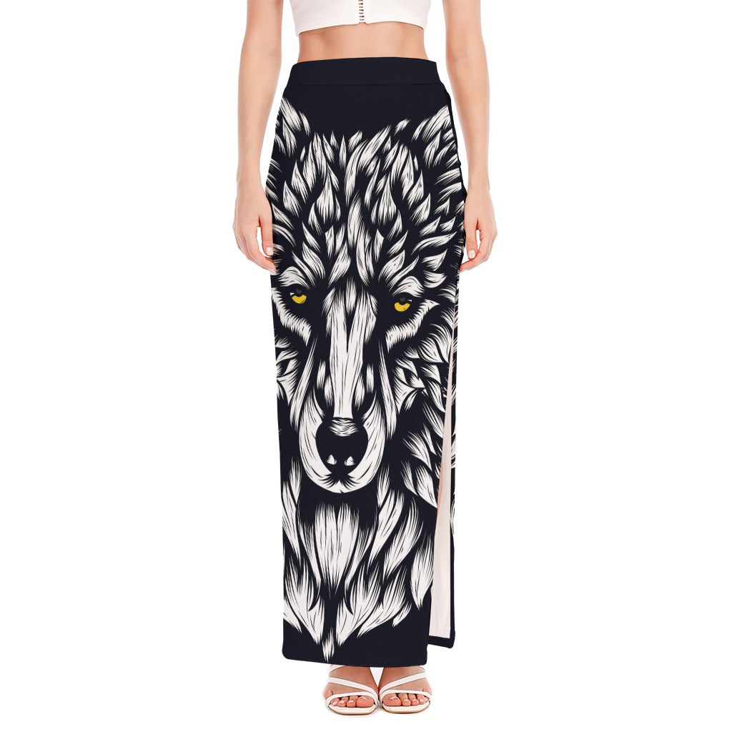 Navy And White Wolf Print High Slit Maxi Skirt
