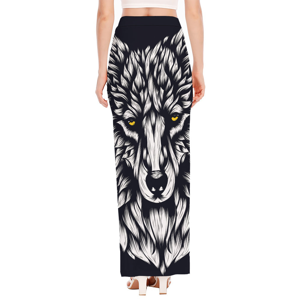 Navy And White Wolf Print High Slit Maxi Skirt
