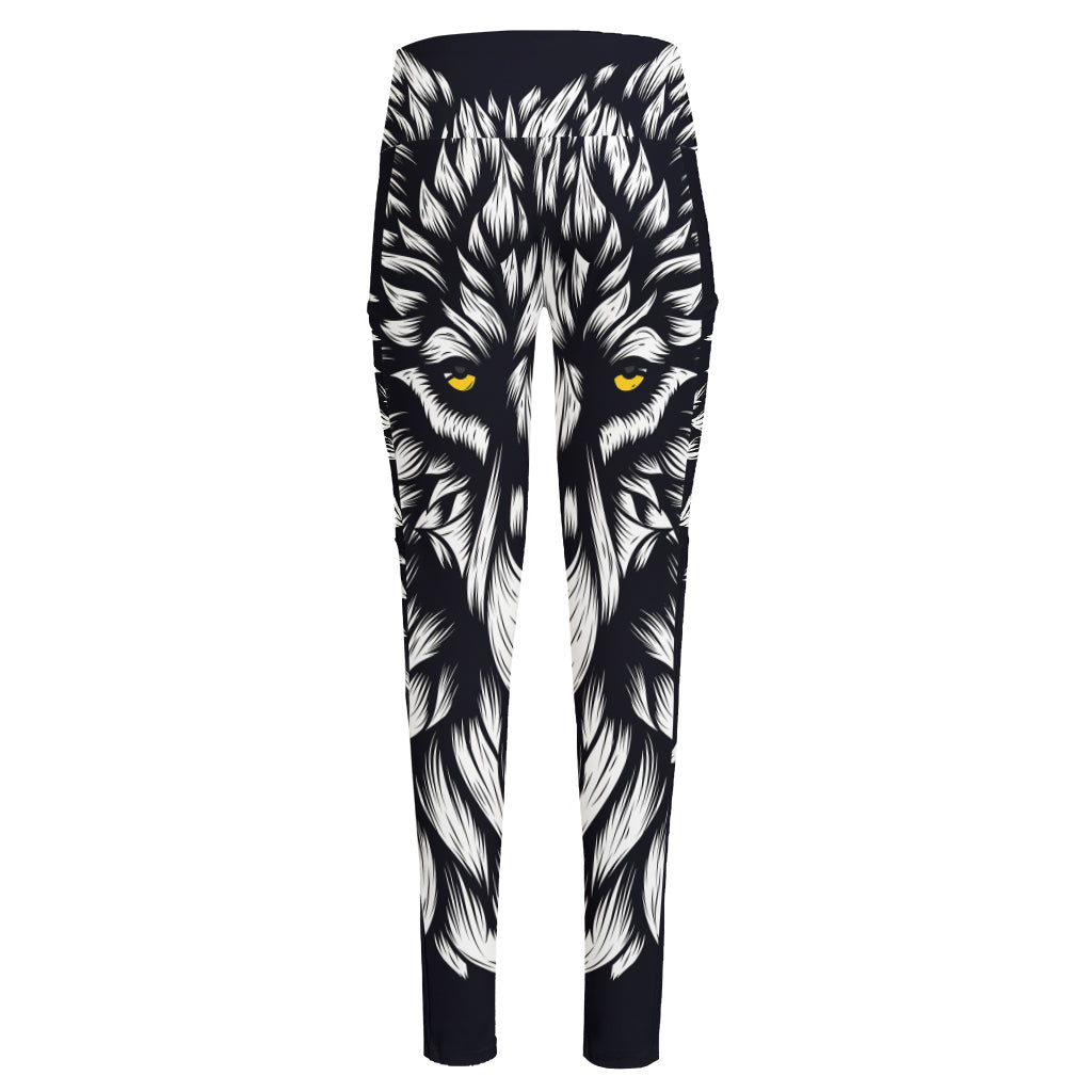 Navy And White Wolf Print High-Waisted Pocket Leggings