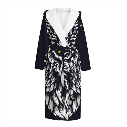 Navy And White Wolf Print Hooded Bathrobe