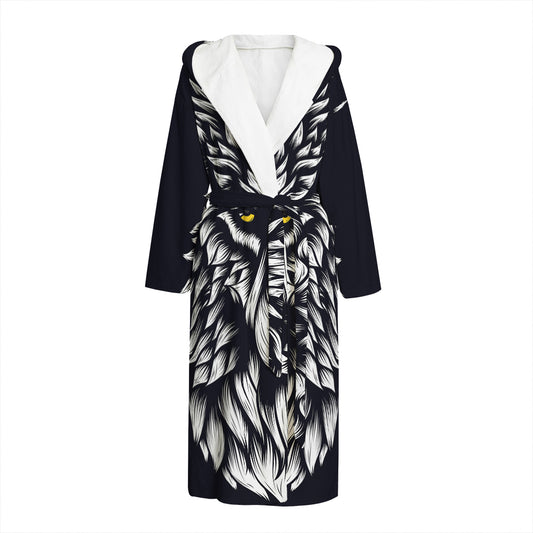 Navy And White Wolf Print Hooded Bathrobe