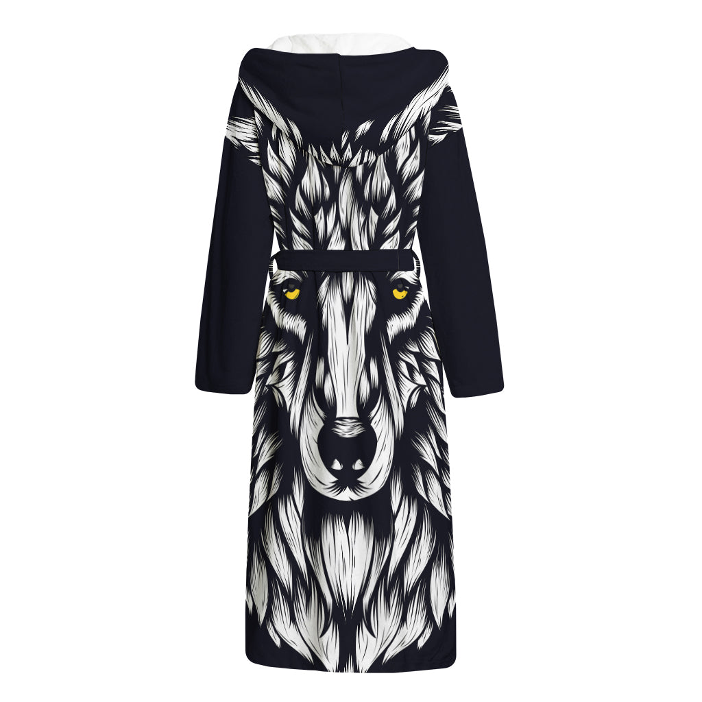 Navy And White Wolf Print Hooded Bathrobe