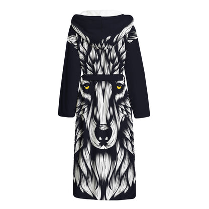 Navy And White Wolf Print Hooded Bathrobe