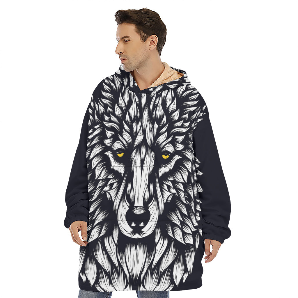 Navy And White Wolf Print Hoodie Blanket