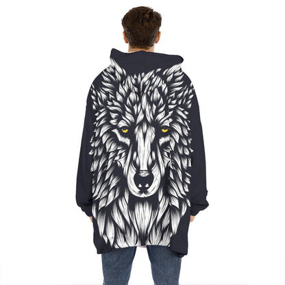 Navy And White Wolf Print Hoodie Blanket